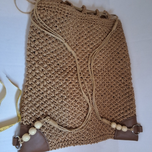 Tan Woven Paper Raffia Drawstring Backpack - Picture 10 of 15